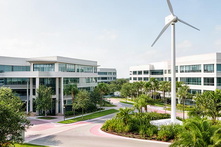 Modern Florida business park with a visible wind turbine beside landscaped offices