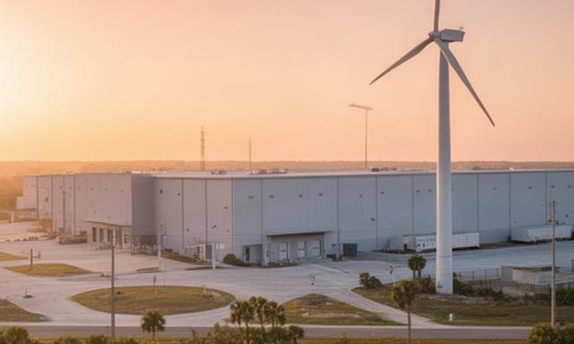 Wind turbine beside a Florida distribution warehouse at sunrise