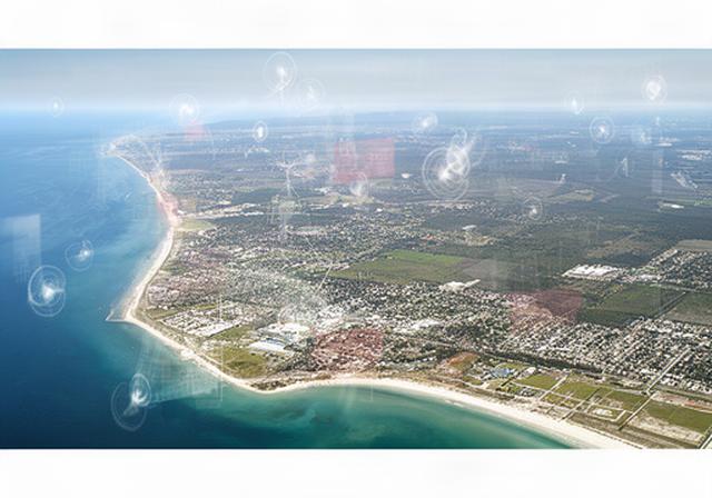 Aerial view of Florida coastline and inland communities with wind resource markers