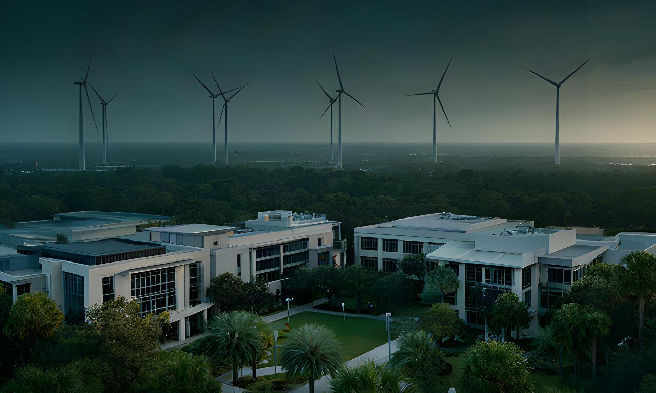 Florida university campus with wind turbines beyond the central Florida landscape