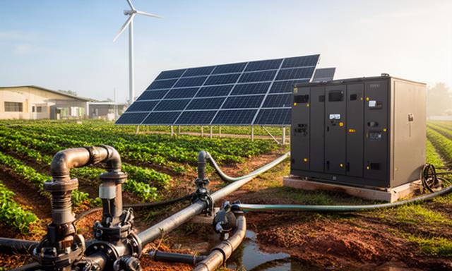 Homestead farm irrigation equipment powered by wind, solar panels, and battery storage
