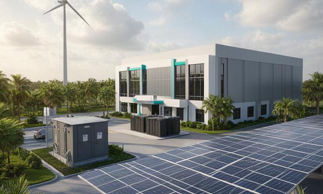 Tampa data centre with wind turbine, solar canopy, and battery enclosure supporting operations