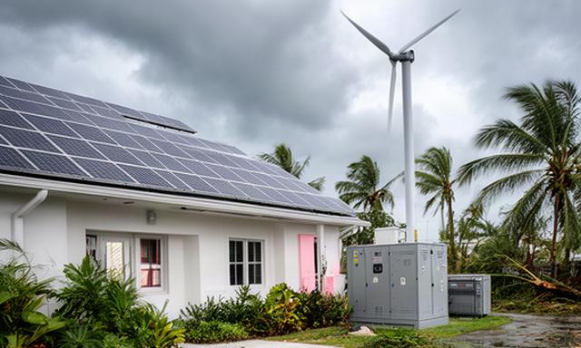 Medical clinic with rooftop solar and nearby wind turbine in Broward County after a storm