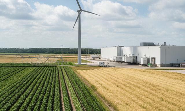 Wind turbine over Florida agricultural fields beside a refrigerated food facility