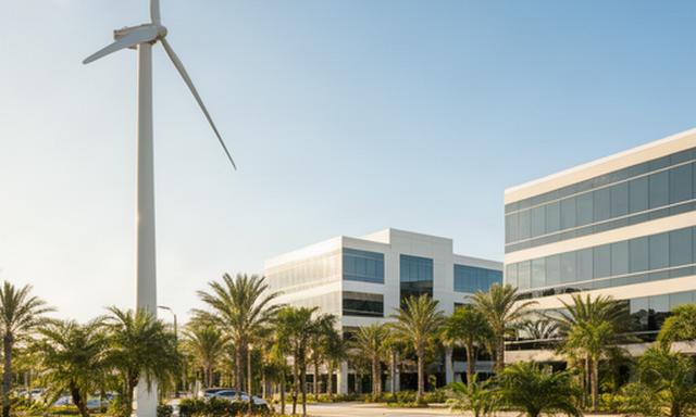 Wind turbine near a modern Florida business park with landscaped grounds