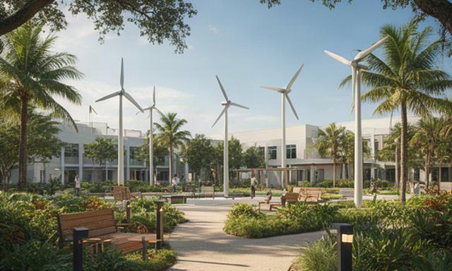 Florida municipal campus with small wind turbines and shaded pedestrian paths