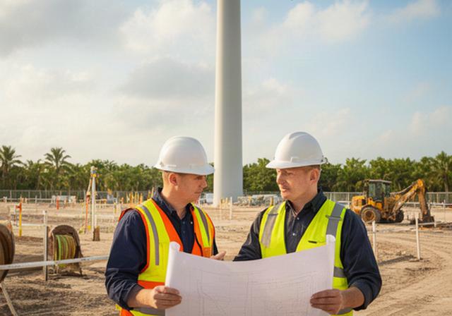 Renewable energy engineers reviewing turbine plans at a Davie Florida project site