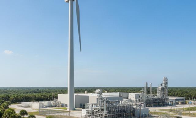 Industrial wind turbine near a Florida processing facility under clear afternoon skies