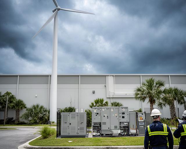 Jacksonville warehouse with a wind turbine and battery storage system during a storm-ready site inspection