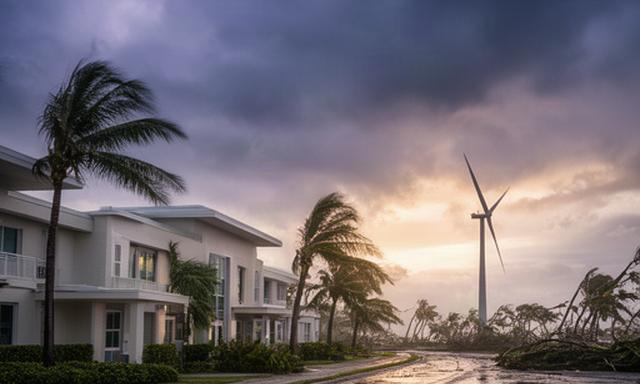 Florida care facility with a wind turbine visible beyond storm clouds after a hurricane