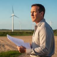 Quinny Polintan, project development director, reviewing a wind farm site plan outdoors