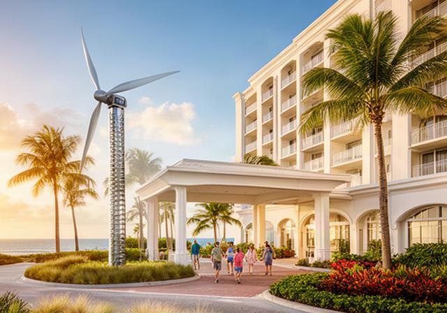 Coastal Florida hotel resort with a compact wind turbine and guests near the landscaped entrance