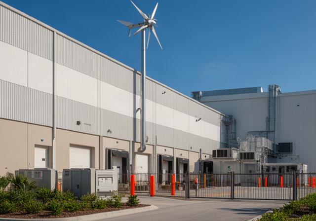 Florida industrial flex building with a wind turbine near loading bays and a cold-storage facility